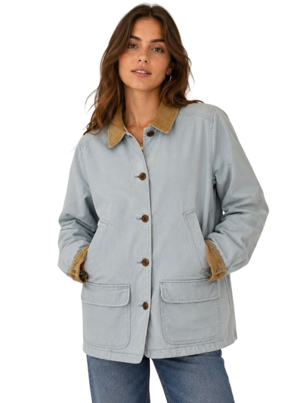 Vintage 90s L.L.Bean Womens Quilted Barn Chore Jacket Baby Blue Corduroy Collar